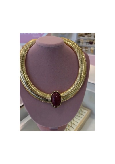 Lunarie Kalın Choker Kolye 14k Gold İri Oval Bordo Taşlı Vintage Altın