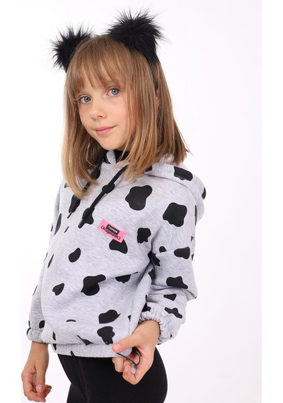 Toontoy Kız Çocuk Komple İnek Baskılı Sweatshirt Gri Melanj