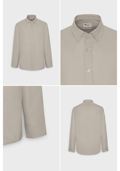 AC&Co / Altınyıldız Classics Erkek Bej Tailored Slim Fit Dar Kesim Düğmeli Yaka Keten Görünümlü %100 Pamuk Flamlı Gömlek Bej