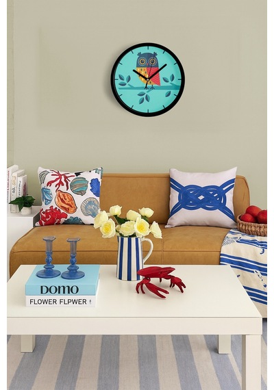 Baykuş İllüstrasyon Modern Duvar Saati - 25cm - Önü Camlı Siyah Kasa - Sessiz Mekanizma-jh0769 Siyah