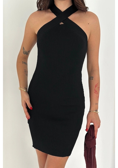 Asprin Fashion Çapraz Yaka Triko Elbise Siyah Siyah