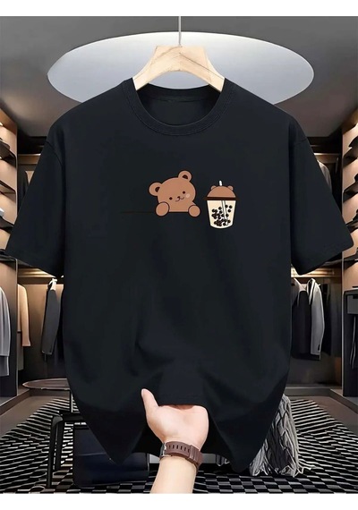 Bear Bubble Tea Baskılı Oversize Süprem T-shirt Siyah-282897