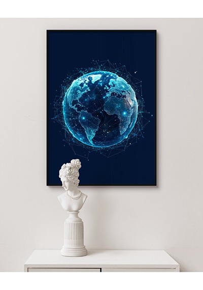Tablo Ahşap Çerçeveli Tablo Çerçeveli Poster Dijital Ağ Dünya Temalı Tablo, Soyut Tablo