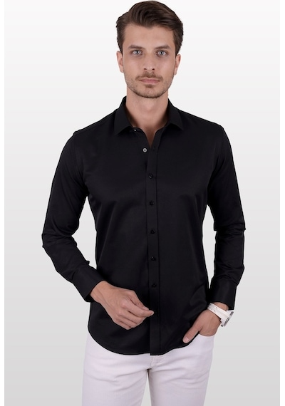 Siyah Saten Slimfit Erkek Gömlek Siyah