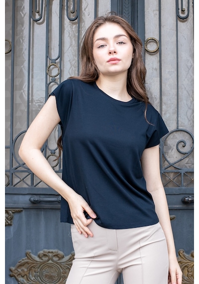 Kadın İpeksi Kumaş Geniş Sıfır Yaka Kısa Kol Tshirt Bluz-koyu Lacivert K.lacivert