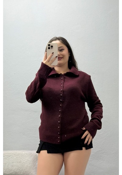 Belendir Kadın Düğmeli Triko Hırka Bordo Model Tv-97606