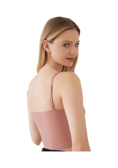 İnce Askılı Dikişsiz V Yaka İz Yapmaz Büstiyer/croptop Pudra