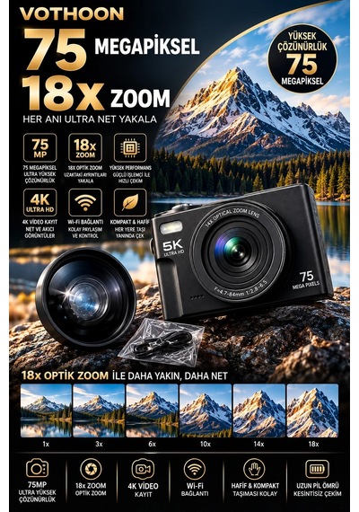 5k 75mp 18x Zoom Flaşlı 3 Flip Ekranlı Türkçe 32gb Kart Dijital Vlog Fotoğraf Makinesi Lens li Diğer