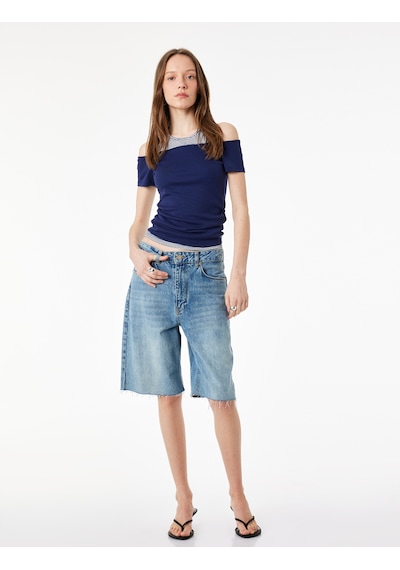 Koton Slim Fit Atlet Detaylı Kısa Kollu Viskon Karışımlı Omzu Açık Tişört Lacivert 6sal10744ık