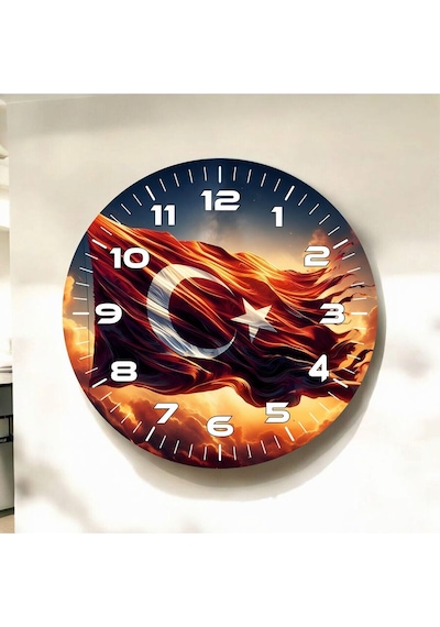 AA Shop Renkli Baskı Türk Bayrağı Desenli Sayılı Hediyelik Ahşap Sessiz Duvar Saati 50cm ÇOk Renkli