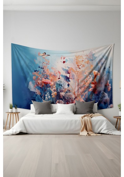 Çiçek Bahçesi Ve Kelebekler Desenli Duvar Halısı Duvar Örtüsü Tapestry Süet Dokulu Kumaş