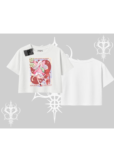 Tarzsokak Oversize Crop Tshirt Madness Unleashed Anime Girl Baskılı Beyaz