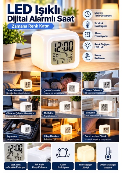 Lexroo Led Aydınlatmalı Küp Saat Dijital Alarm Tarih Ve Sıcaklık Diğer
