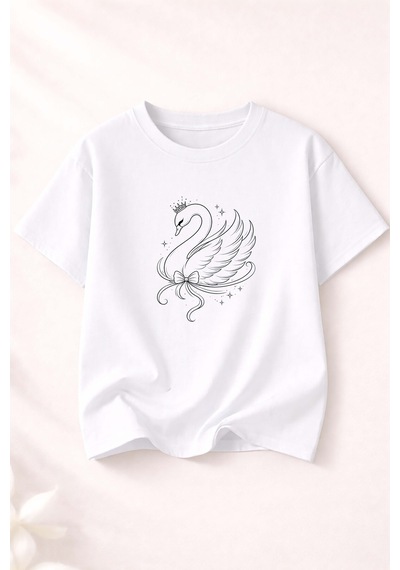 Herkesemoda Kuğu Baskılı Kadın Bisiklet Yaka Pamuklu T-shirt Beyaz