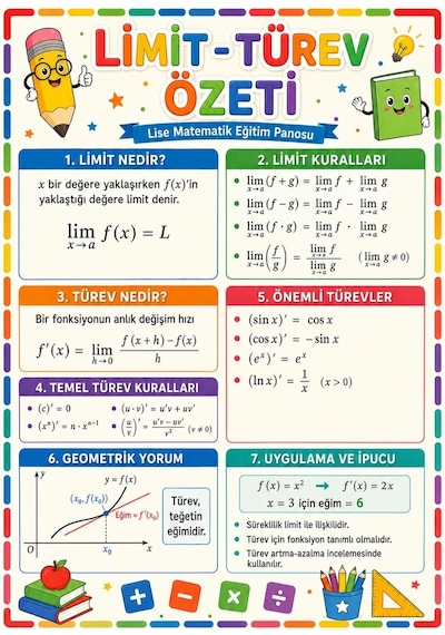 Limit Ve Türev Özeti Lise Matematik Eğitim Afişi 50x70 Cm Tüm Yaşlar