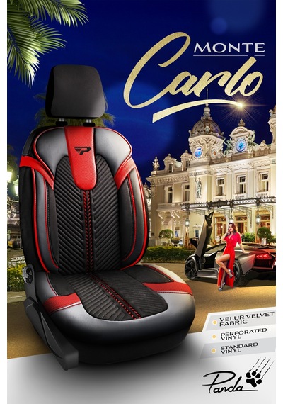 Siyah - Kırmızı Garni Panda Monte Carlo Serisi Velor Kadife Kumaş Oto Koltuk Kılıfı - Tam Set
