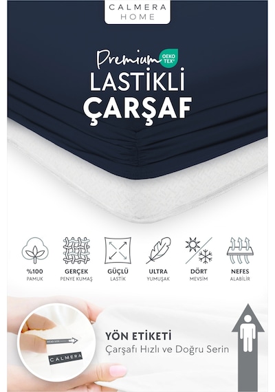 Calmera %100 Pamuk Penye Lastikli Çarşaf Tek Kişilik 90x190 - 100x200 - 120x200 Lacivert