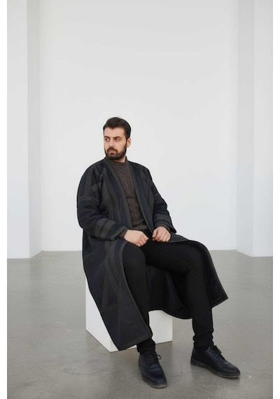Erkek Uzun Klasik Kürk Palto Görünümlü Kışlık Dış Giyim Unisex Siyah