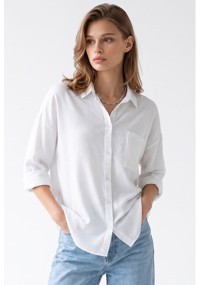Mixray 4963 Kadın Tencel Kumaş Oversize Cepli Uzun Kollu Gömlek Beyaz