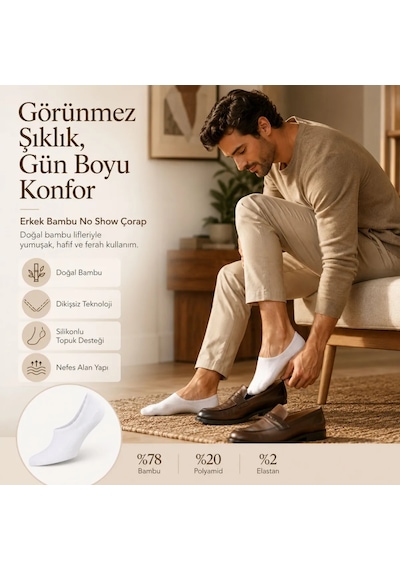 Erkek Bambu 6 Lı Babet Çorap Görünmez No Show Dikişsiz Silikon Topuklu Gri