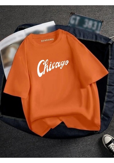 Oversıze Chicago Baskılı Unısex Tisort Baskılı Turuncu