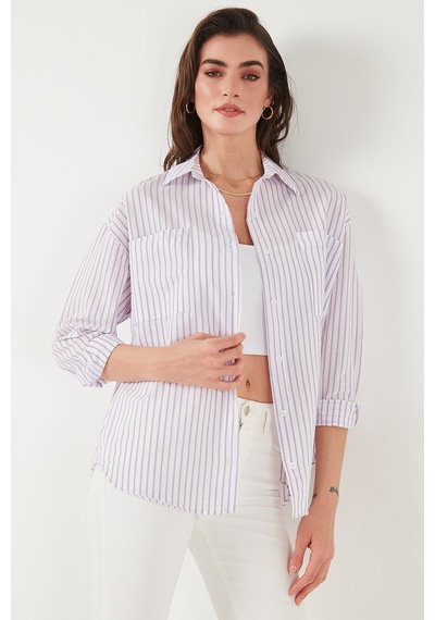 Lela Regular Fit Uzun Kollu Çizgili Bayan Gömlek 6772875 Lila