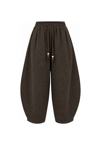 Laluvia Olive - Kahve Ekoseli Barrel Pantolon - 51473 Kahverengi