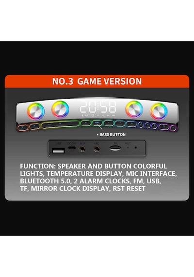 Gaming Kablosuz Bluetooth Speaker Hoparlör Renkli Rgb Işıkları, 12w Güçlü Sesi Dijital Saat Ve Alarm