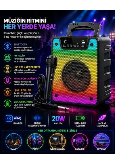 20w Rms Güçlü Bluetooth Parti Hoparlörü - 4 İnç Rgb Işıklı - Kablolu Mikrofonlu Karaoke Seti Mikrofon Dahil -