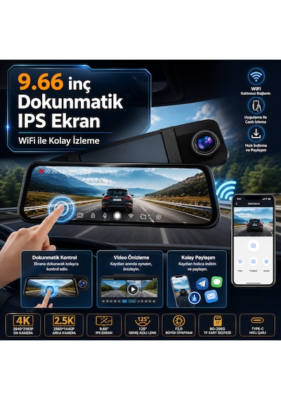Pasens Araç Dikiz Aynası Dvr 4k Ultra Hd Ön + 1080p Arka Kamera, 10" Ips Dokunmatik Ekran, Wifi & App Kontrolü, Süper Gece Görüş, Bsd