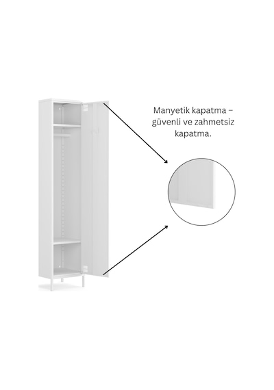 Pera Metal Elbise Dolabı, Soyunma Dolabı, Tek Kapılı, 41,50 X 40 X 189,50 Cm Ral 9016 Beyaz