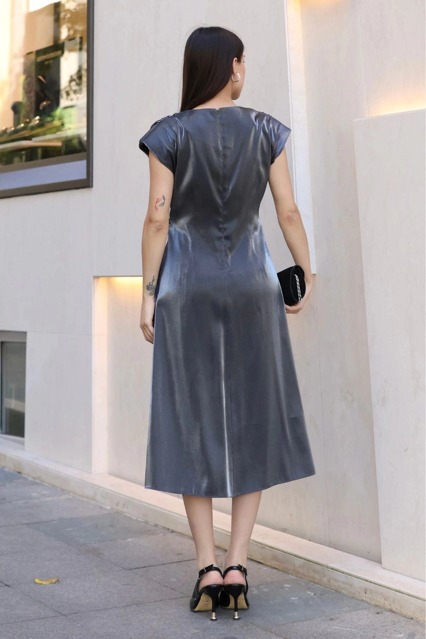 Lodmela Toka Ve Drape Detaylı Soft Saten Midi Elbise 6042-antrasit Antrasit