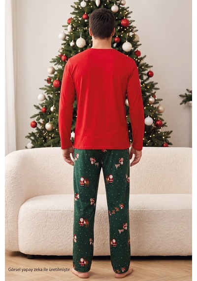 Siyah İnci Yılbaşı Temalı Termal Kumaşlı Ultra Soft Yumuşak Baba-oğul Örme Pijama Takımı 26225810-1 Kırmızı