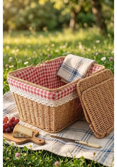 Atbyhome Hasır Piknik Sepeti Dikdörtgen Kapaklı Ve Bezli Rattan Sepet Organizer 39x27x18 Kahverengi