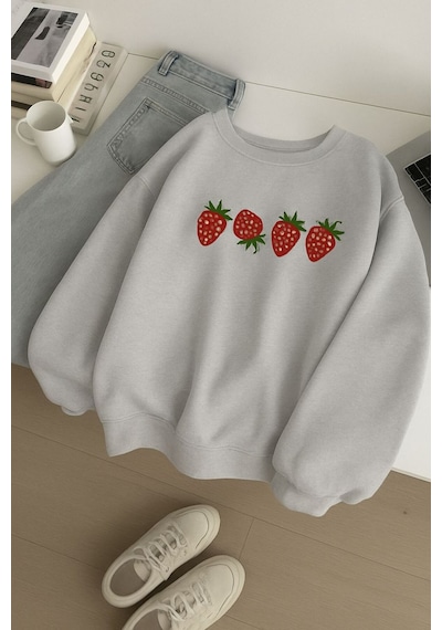 Benroma 3 İplik Penye Çilek Baskılı Unisex Sweatshırt Çok Renkli