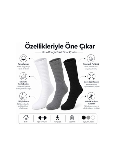 Erkek Spor Çorap 12 Çift, Taban Altı Havlu Destekli Penye Pamuklu Uzun Konç Çorap Çok Renkli