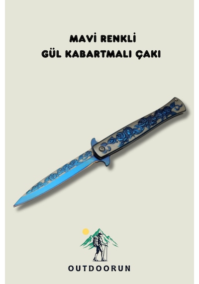 Mavi Renkli Gül Kabartmalı Kamp Çakı Koyu Mavi