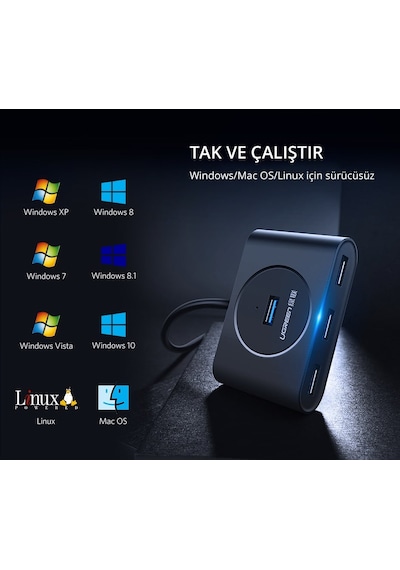 Ugreen 40850 Usb A/Usb C To 4 Port Usb 3.0 Hub Çoklayıcı Siyah 1M