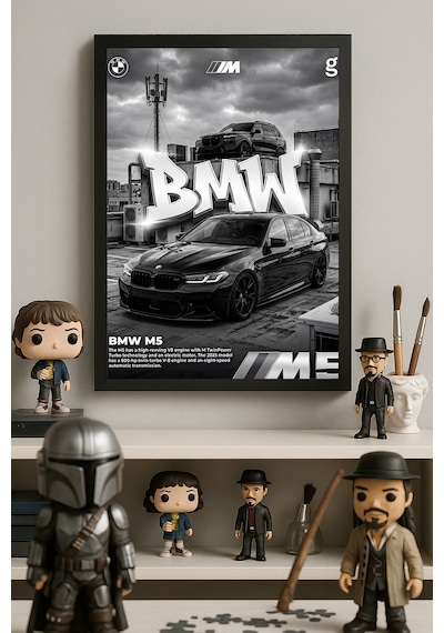 Bmw M5 Siyah Ahşap Çerçeveli Poster, Dekoratif Araba Duvar Tablosu