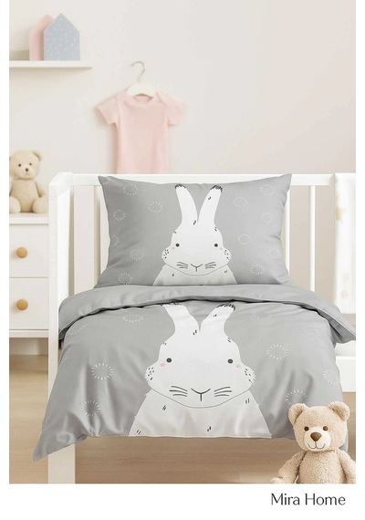 Yenidoğan Kız / Erkek Unisex Bebek Nevresim Takımı %100 Pamuklu Gri Tavşan Çok Renkli