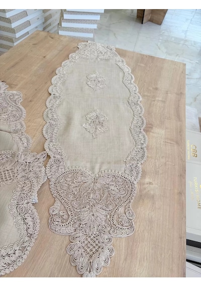 Salon Takımı Çeyizlik Gold Runner Set 5 Parça Keten Ranır Masa Konsol Sehpa Örtüsü Gerdan Sarı