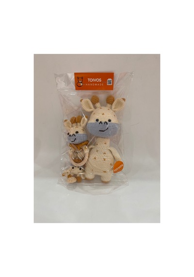 El Örgüsü Zürafa Set Amigurumi + Çıngıraklı Diş Kaşıyıcı + Emzik Zinciri Mavi
