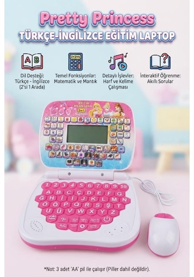 Tatlı Prensesler Eğitim Laptopum Türkçe İngilizce 100 Fonksiyonlu Eğitici Çocuk Laptopu