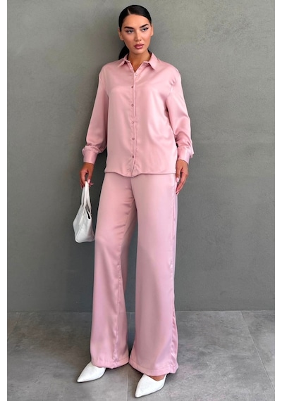 Madmext Pembe Saten Gömlek Pantolon Takım Mg2745
