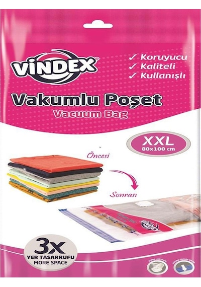 Vindex Vakumlu Giyisi Yastık Yorgan Saklama Torbası Poşeti Hurç - Xx Large - 80x100 Cm. - 3 Paket 140l