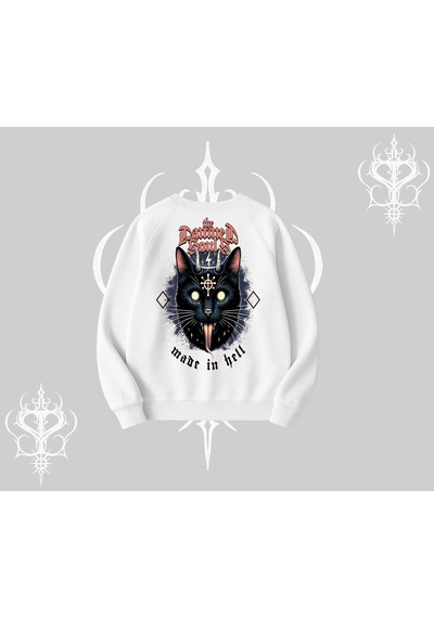 Startmore Gothic Cat Made İn Hell Baskılı Sweatshirt Biskilet Sweatshirt Beyaz