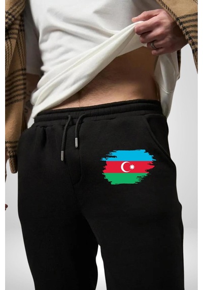Angemiel Azerbeycan Bayrağı 3 İplik Erkek Baskılı Siyah Eşofman Altı Siyah