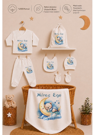 Pia Baby Erkek Bebek Hastane Çıkışı Hediye Seti 8 Parça Zıbın Set %100 Pamuk Battaniye Yastık Ve Kese 1089zybk3x Ekru