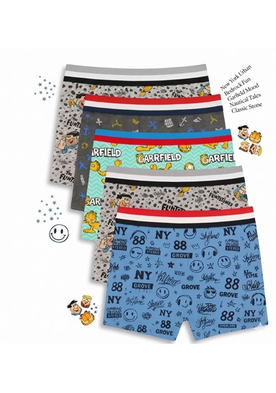 Orivra 5'li Erkek Çocuk Boxer Seti Esnek Desenli Pamuklu İç Çamaşırı Paketi Çok Renkli