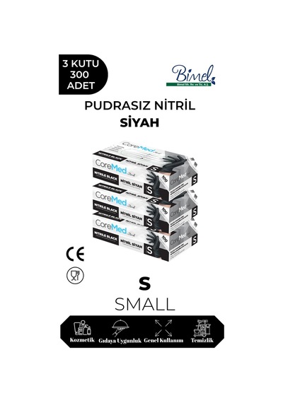 Nitril Siyah Pudrasız Muayene Eldiveni S - 3 Paket 100 Lü